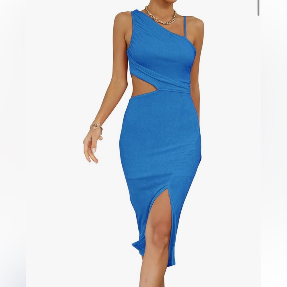 Blue Cutout Midi Dress with Front Slit